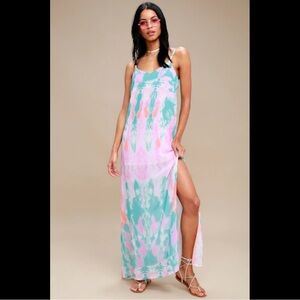 Lulus Flying Watercolors Fuchsia Print Maxi Dress